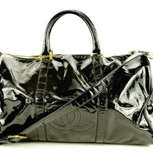 Chanel Large Black Patent CC Logo Duffle Bag with Strap 1C103a